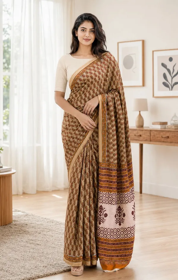 Leelavati_Printed_Floral_Print_Geometric_Print_Blocked_Printed_Woven_Daily_Wear_Pure_Cotton_Saree_Orange
