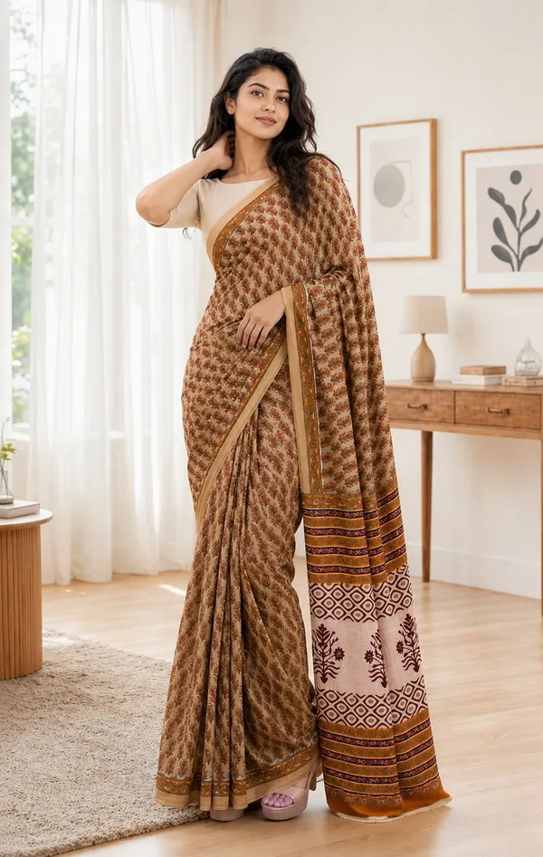 Leelavati_Printed_Floral_Print_Geometric_Print_Blocked_Printed_Woven_Daily_Wear_Pure_Cotton_Saree_Orange