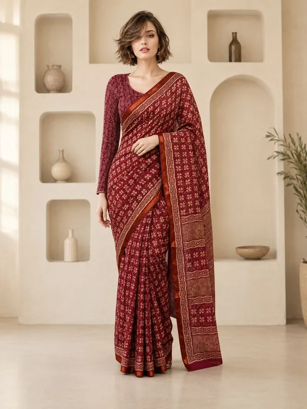 Leelavati_Printed_Floral_Print_Geometric_Print_Blocked_Printed_Woven_Daily_Wear_Pure_Cotton_Saree_Maroon