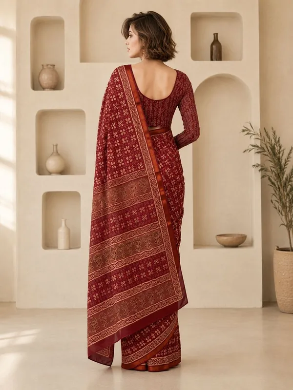 Leelavati_Printed_Floral_Print_Geometric_Print_Blocked_Printed_Woven_Daily_Wear_Pure_Cotton_Saree_Maroon