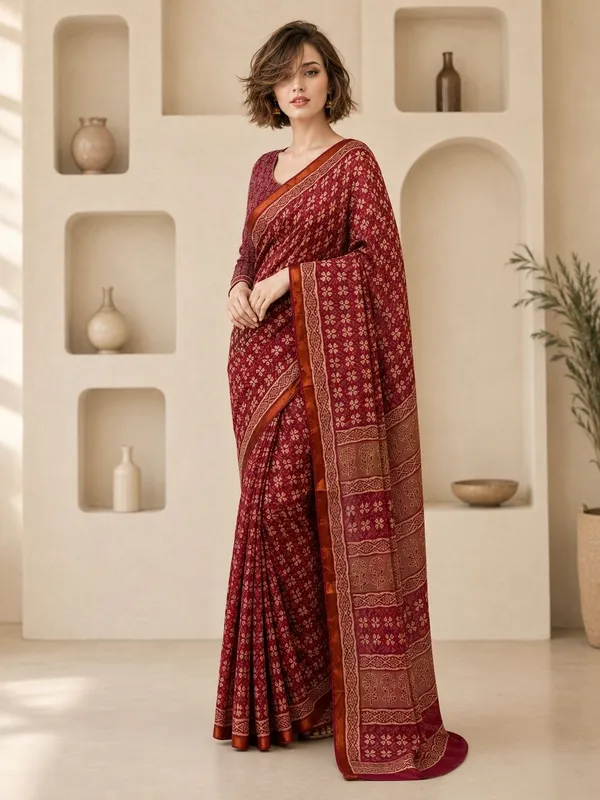 Leelavati_Printed_Floral_Print_Geometric_Print_Blocked_Printed_Woven_Daily_Wear_Pure_Cotton_Saree_Maroon