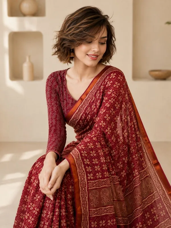 Leelavati_Printed_Floral_Print_Geometric_Print_Blocked_Printed_Woven_Daily_Wear_Pure_Cotton_Saree_Maroon