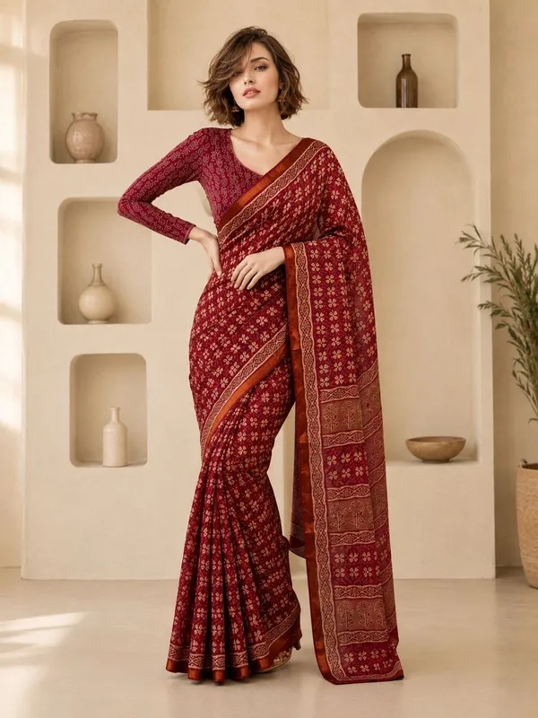 Leelavati_Printed_Floral_Print_Geometric_Print_Blocked_Printed_Woven_Daily_Wear_Pure_Cotton_Saree_Maroon