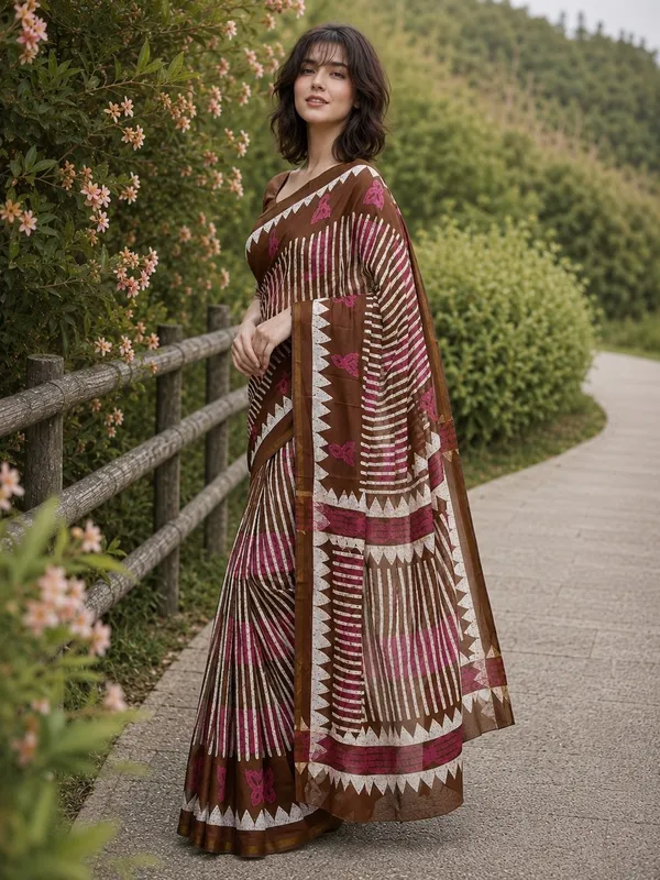 Leelavati_Printed_Floral_Print_Geometric_Print_Blocked_Printed_Woven_Daily_Wear_Pure_Cotton_Saree_Brown