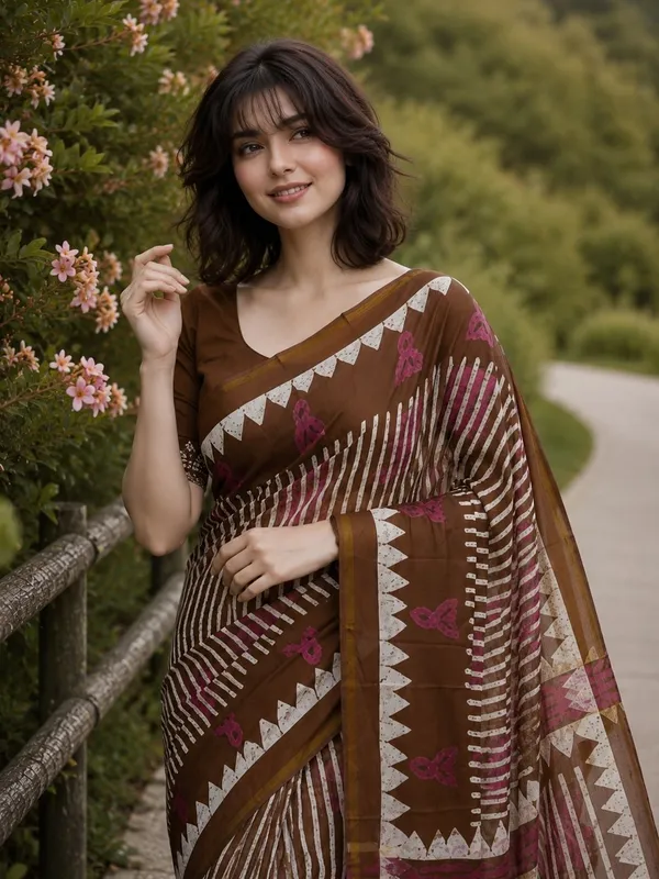 Leelavati_Printed_Floral_Print_Geometric_Print_Blocked_Printed_Woven_Daily_Wear_Pure_Cotton_Saree_Brown