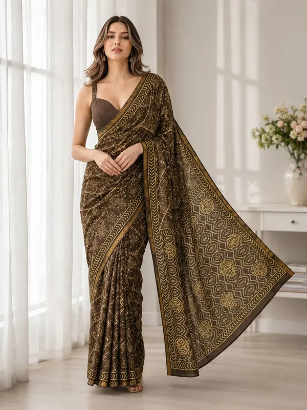 Leelavati_Printed_Floral_Print_Geometric_Print_Blocked_Printed_Woven_Daily_Wear_Pure_Cotton_Saree_Brown