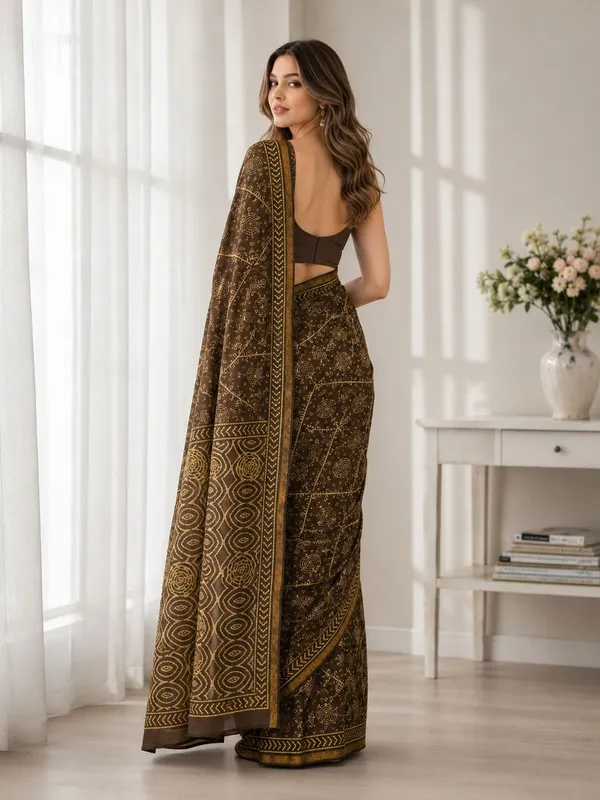 Leelavati_Printed_Floral_Print_Geometric_Print_Blocked_Printed_Woven_Daily_Wear_Pure_Cotton_Saree_Brown