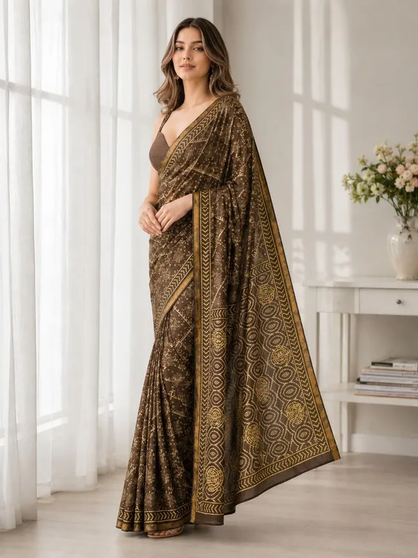 Leelavati_Printed_Floral_Print_Geometric_Print_Blocked_Printed_Woven_Daily_Wear_Pure_Cotton_Saree_Brown
