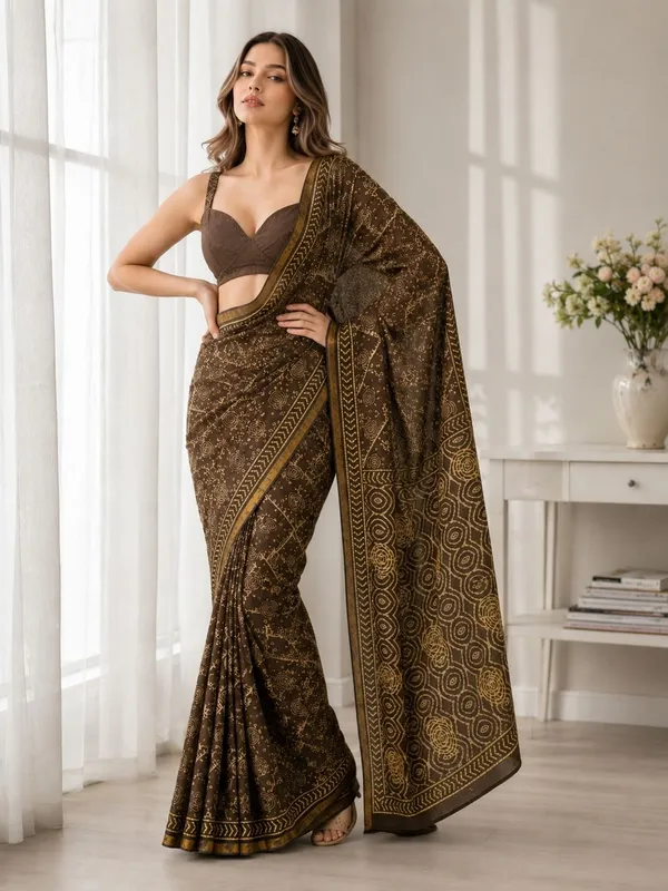 Leelavati_Printed_Floral_Print_Geometric_Print_Blocked_Printed_Woven_Daily_Wear_Pure_Cotton_Saree_Brown