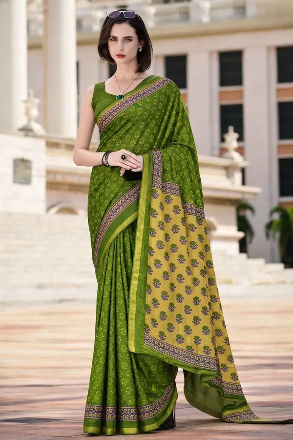 Leelavati_Printed_Floral_Print_Geometric_Print_Blocked_Printed_Woven_Daily_Wear_Pure_Cotton_Saree_Green