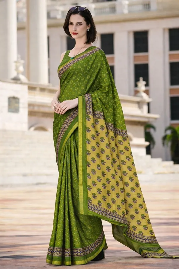 Leelavati_Printed_Floral_Print_Geometric_Print_Blocked_Printed_Woven_Daily_Wear_Pure_Cotton_Saree_Green