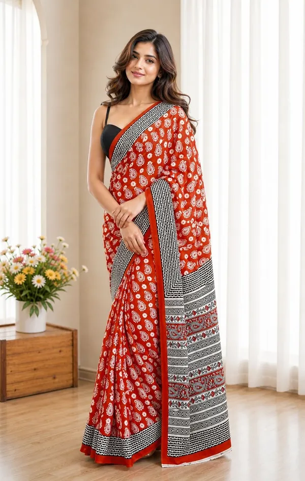 Leelavati_Printed_Floral_Print_Geometric_Print_Blocked_Printed_Woven_Daily_Wear_Pure_Cotton_Saree_Red