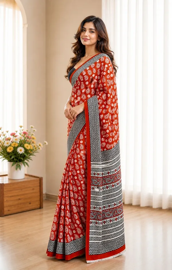 Leelavati_Printed_Floral_Print_Geometric_Print_Blocked_Printed_Woven_Daily_Wear_Pure_Cotton_Saree_Red