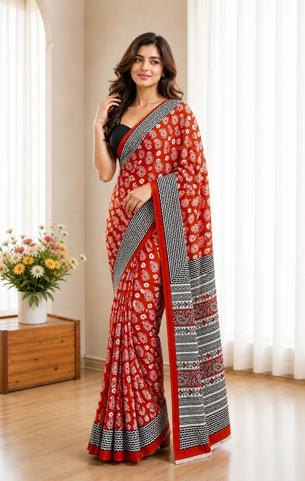 Leelavati_Printed_Floral_Print_Geometric_Print_Blocked_Printed_Woven_Daily_Wear_Pure_Cotton_Saree_Red