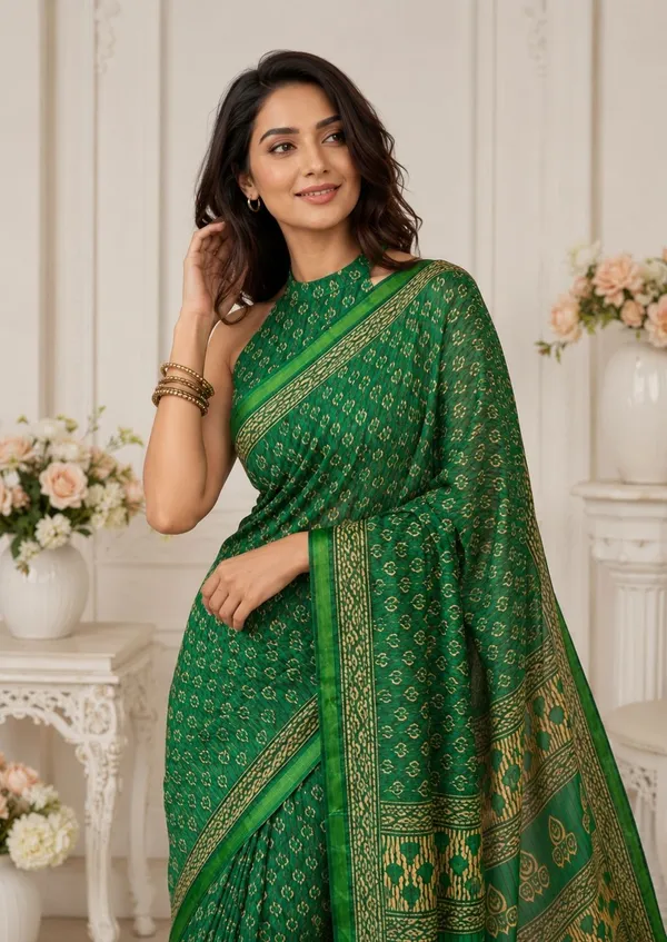Leelavati_Printed_Floral_Print_Geometric_Print_Blocked_Printed_Woven_Daily_Wear_Pure_Cotton_Saree_Green