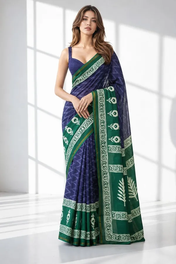 Leelavati_Printed_Floral_Print_Geometric_Print_Blocked_Printed_Woven_Daily_Wear_Pure_Cotton_Saree_Blue