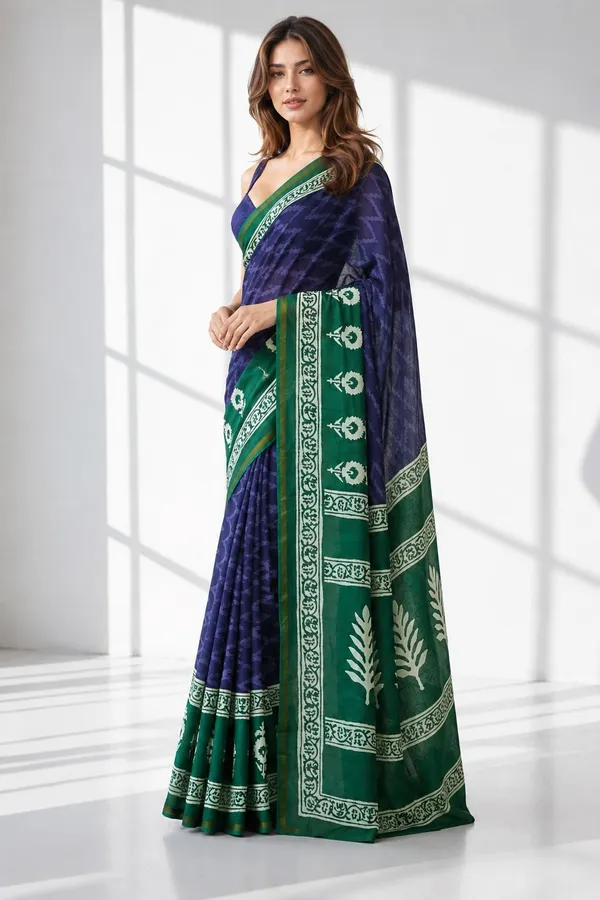 Leelavati_Printed_Floral_Print_Geometric_Print_Blocked_Printed_Woven_Daily_Wear_Pure_Cotton_Saree_Blue
