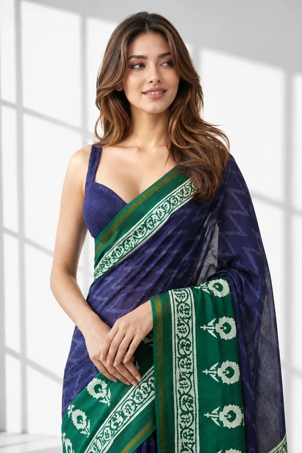 Leelavati_Printed_Floral_Print_Geometric_Print_Blocked_Printed_Woven_Daily_Wear_Pure_Cotton_Saree_Blue