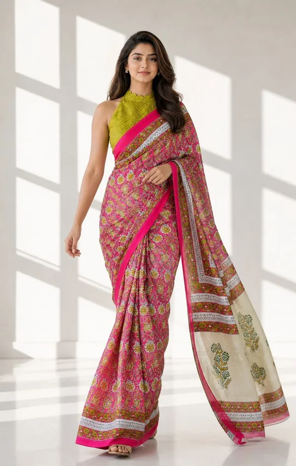 Leelavati_Printed_Floral_Print_Geometric_Print_Blocked_Printed_Woven_Daily_Wear_Pure_Cotton_Saree_Pink