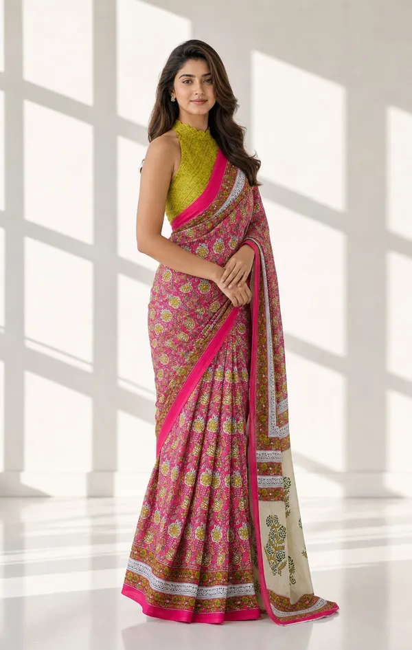 Leelavati_Printed_Floral_Print_Geometric_Print_Blocked_Printed_Woven_Daily_Wear_Pure_Cotton_Saree_Pink