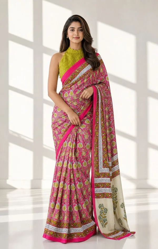 Leelavati_Printed_Floral_Print_Geometric_Print_Blocked_Printed_Woven_Daily_Wear_Pure_Cotton_Saree_Pink