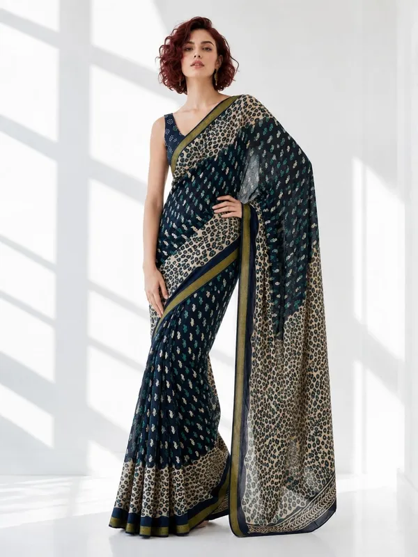 Leelavati_Printed_Floral_Print_Geometric_Print_Blocked_Printed_Woven_Daily_Wear_Pure_Cotton_Saree_Dark_Blue