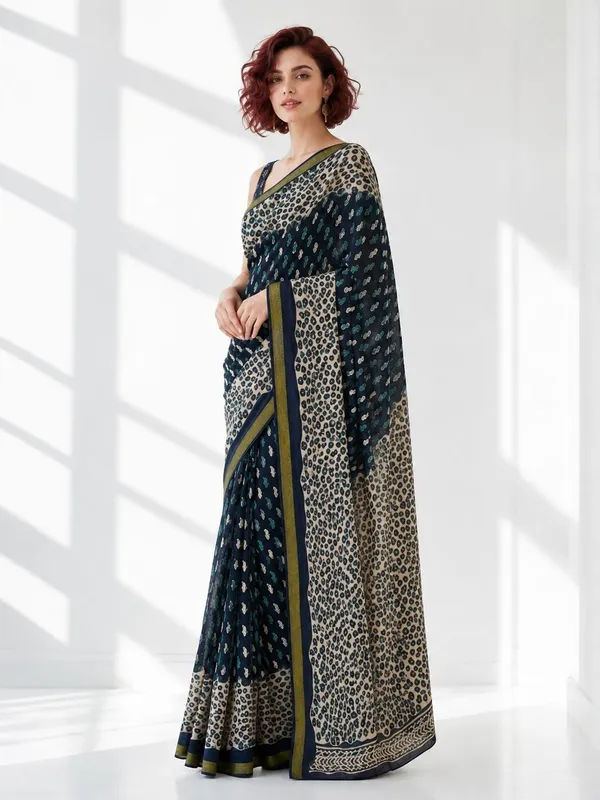 Leelavati_Printed_Floral_Print_Geometric_Print_Blocked_Printed_Woven_Daily_Wear_Pure_Cotton_Saree_Dark_Blue