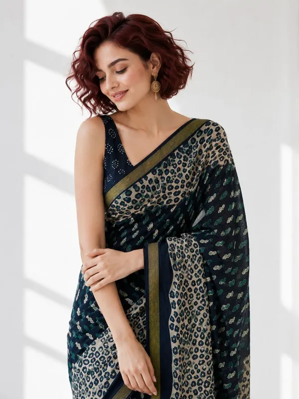 Leelavati_Printed_Floral_Print_Geometric_Print_Blocked_Printed_Woven_Daily_Wear_Pure_Cotton_Saree_Dark_Blue