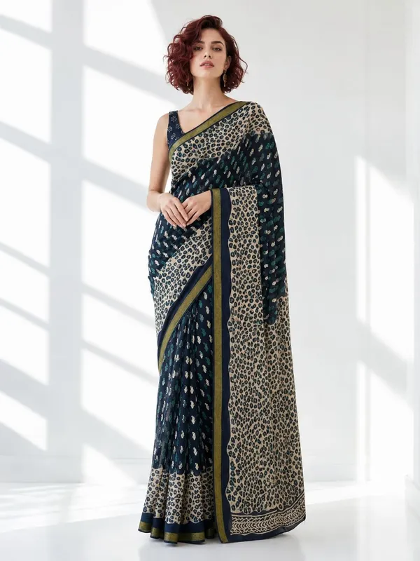 Leelavati_Printed_Floral_Print_Geometric_Print_Blocked_Printed_Woven_Daily_Wear_Pure_Cotton_Saree_Dark_Blue