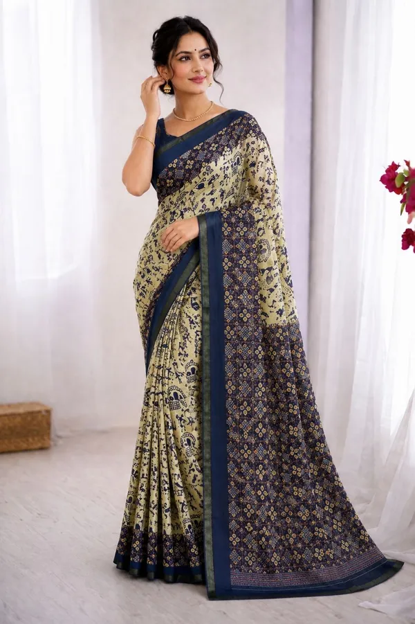 Leelavati_Printed_Floral_Print_Geometric_Print_Blocked_Printed_Woven_Daily_Wear_Pure_Cotton_Saree_Blue