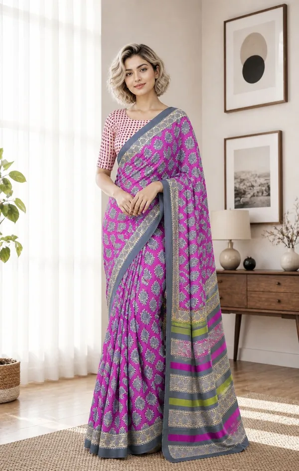 Leelavati_Printed_Floral_Print_Geometric_Print_Blocked_Printed_Woven_Daily_Wear_Pure_Cotton_Saree_Purple