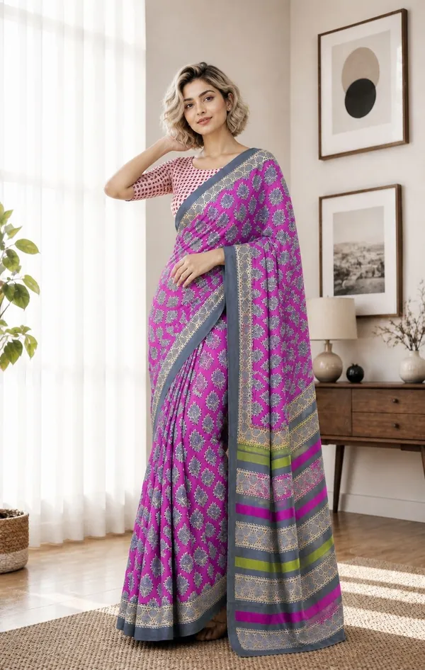 Leelavati_Printed_Floral_Print_Geometric_Print_Blocked_Printed_Woven_Daily_Wear_Pure_Cotton_Saree_Purple