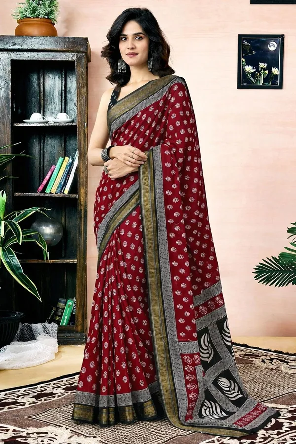 Leelavati_Printed_Floral_Print_Geometric_Print_Blocked_Printed_Woven_Daily_Wear_Pure_Cotton_Saree_Red_And_Black