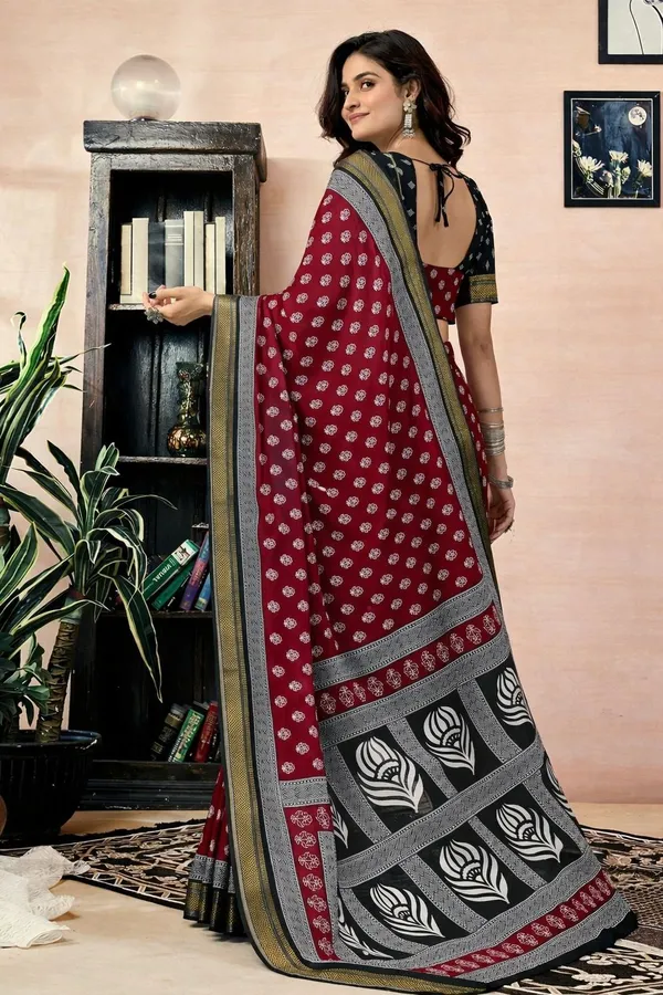 Leelavati_Printed_Floral_Print_Geometric_Print_Blocked_Printed_Woven_Daily_Wear_Pure_Cotton_Saree_Red_And_Black