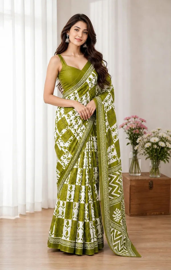 Leelavati_Printed_Floral_Print_Geometric_Print_Blocked_Printed_Woven_Daily_Wear_Pure_Cotton_Saree_Green