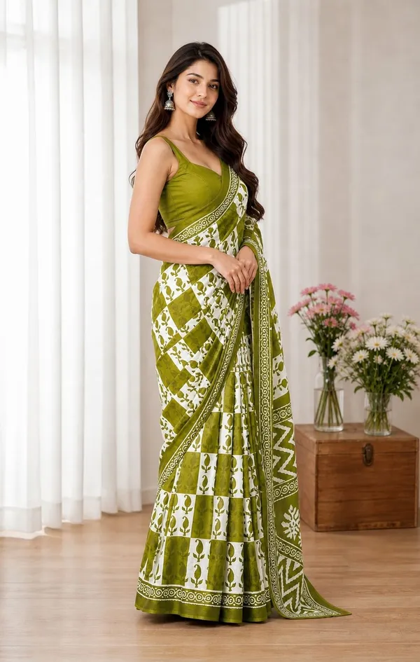 Leelavati_Printed_Floral_Print_Geometric_Print_Blocked_Printed_Woven_Daily_Wear_Pure_Cotton_Saree_Green