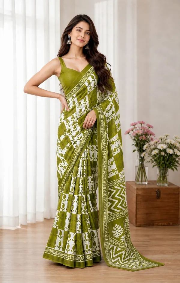 Leelavati_Printed_Floral_Print_Geometric_Print_Blocked_Printed_Woven_Daily_Wear_Pure_Cotton_Saree_Green