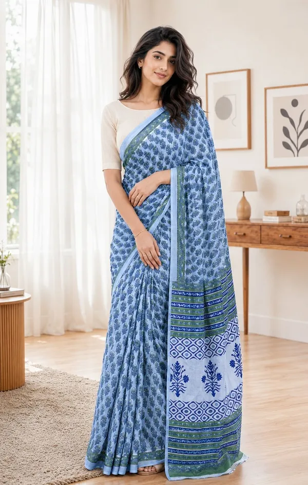 Leelavati_Printed_Floral_Print_Geometric_Print_Blocked_Printed_Woven_Daily_Wear_Pure_Cotton_Saree_Light_Blue