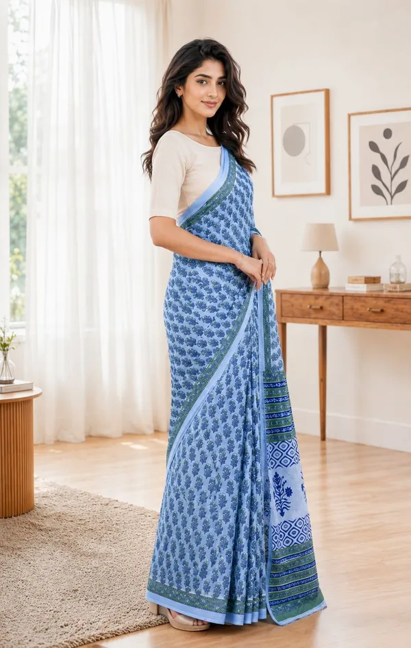 Leelavati_Printed_Floral_Print_Geometric_Print_Blocked_Printed_Woven_Daily_Wear_Pure_Cotton_Saree_Light_Blue