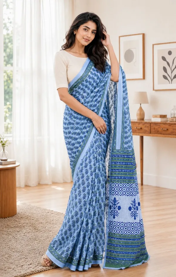 Leelavati_Printed_Floral_Print_Geometric_Print_Blocked_Printed_Woven_Daily_Wear_Pure_Cotton_Saree_Light_Blue