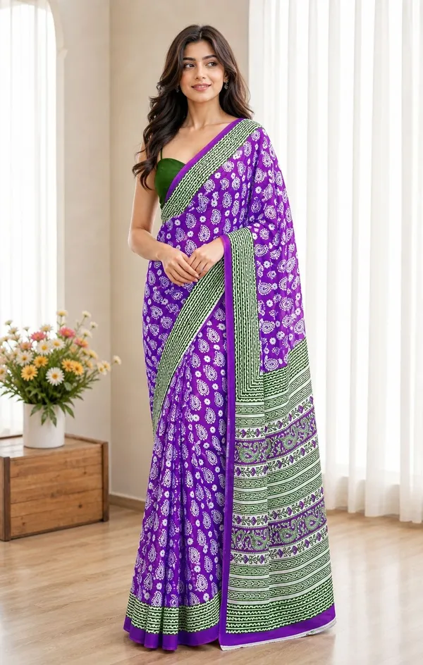 Leelavati_Printed_Floral_Print_Geometric_Print_Blocked_Printed_Woven_Daily_Wear_Pure_Cotton_Saree_Purple