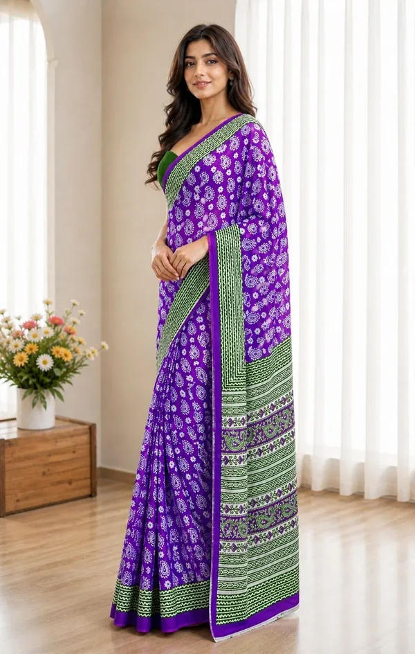 Leelavati_Printed_Floral_Print_Geometric_Print_Blocked_Printed_Woven_Daily_Wear_Pure_Cotton_Saree_Purple