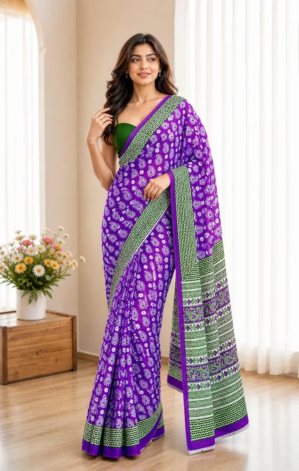 Leelavati_Printed_Floral_Print_Geometric_Print_Blocked_Printed_Woven_Daily_Wear_Pure_Cotton_Saree_Purple