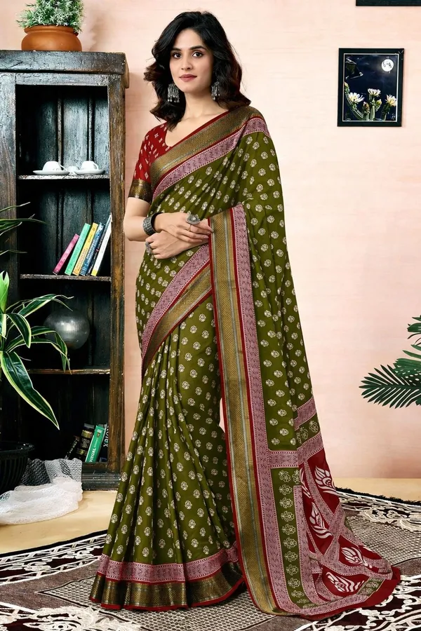 Leelavati_Printed_Floral_Print_Geometric_Print_Blocked_Printed_Woven_Daily_Wear_Pure_Cotton_Saree_Green_And_Red