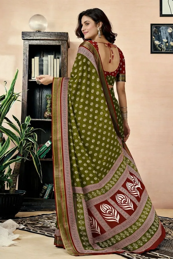Leelavati_Printed_Floral_Print_Geometric_Print_Blocked_Printed_Woven_Daily_Wear_Pure_Cotton_Saree_Green_And_Red