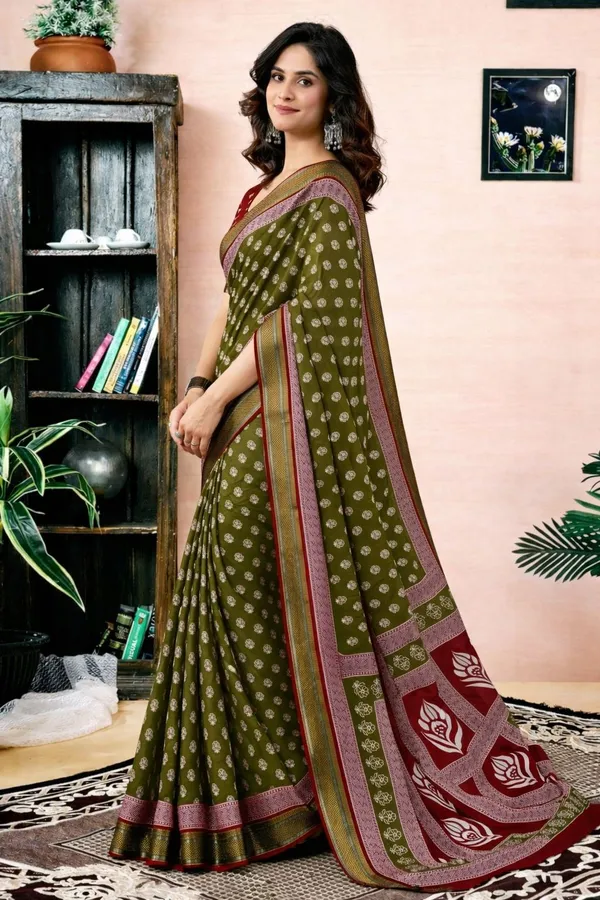 Leelavati_Printed_Floral_Print_Geometric_Print_Blocked_Printed_Woven_Daily_Wear_Pure_Cotton_Saree_Green_And_Red