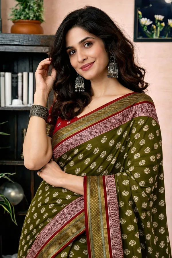 Leelavati_Printed_Floral_Print_Geometric_Print_Blocked_Printed_Woven_Daily_Wear_Pure_Cotton_Saree_Green_And_Red