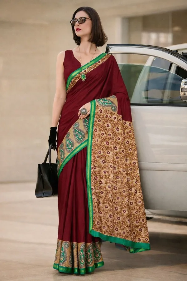 Leelavati_Printed_Floral_Print_Geometric_Print_Blocked_Printed_Woven_Daily_Wear_Pure_Cotton_Saree_Maroon