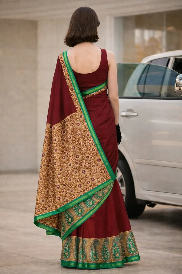 Leelavati_Printed_Floral_Print_Geometric_Print_Blocked_Printed_Woven_Daily_Wear_Pure_Cotton_Saree_Maroon