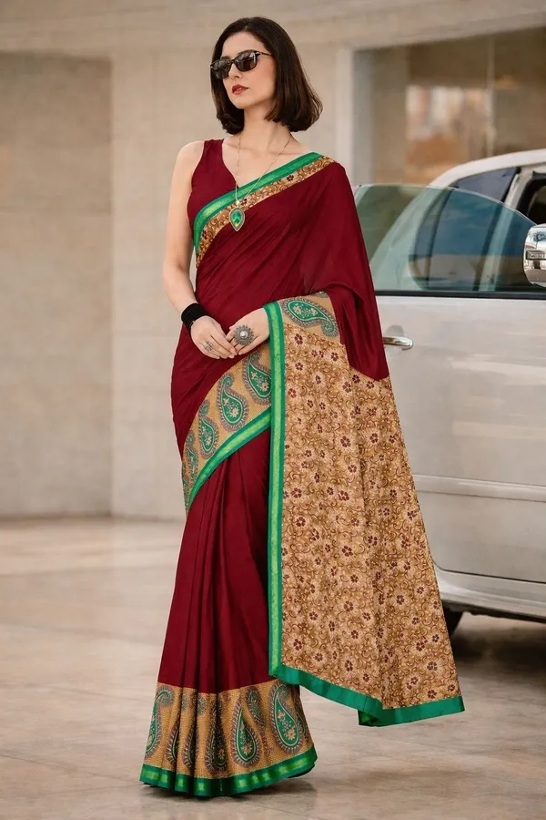 Leelavati_Printed_Floral_Print_Geometric_Print_Blocked_Printed_Woven_Daily_Wear_Pure_Cotton_Saree_Maroon